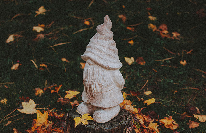 Gnome surrounded by leaves