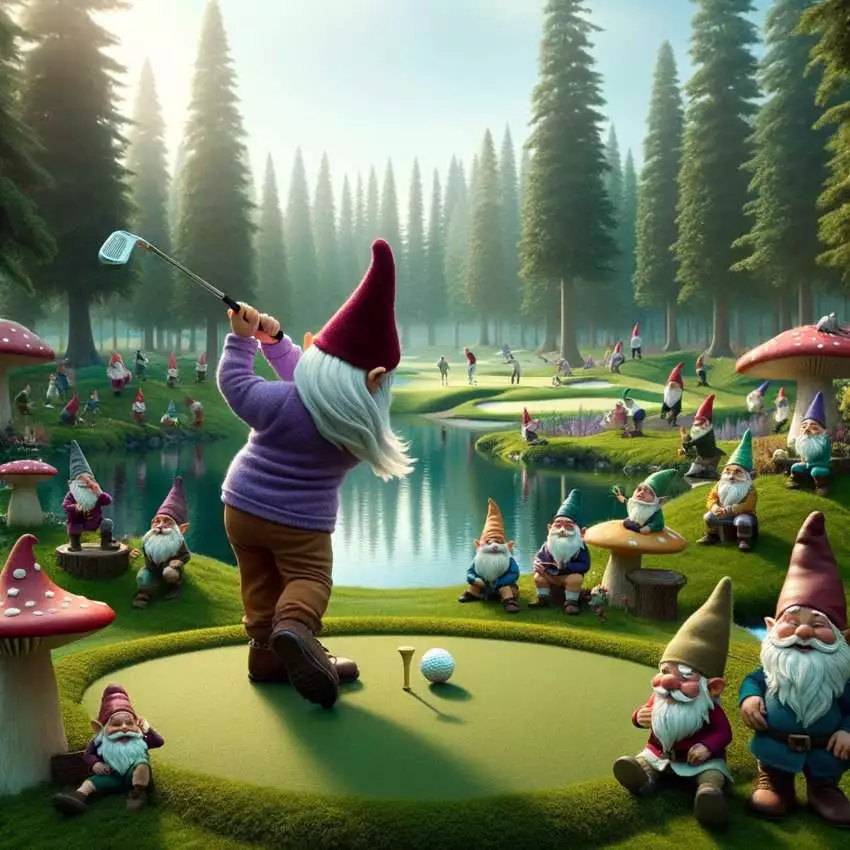 Gnome playing golf surrounded by other gnomes