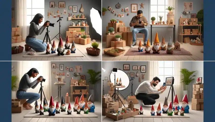 Taking photos of gnomes to sell